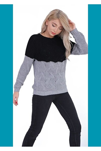 AHZE GİYİM Kadın Siyah Çift Renk Kazak