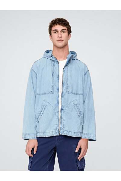 GAP Erkek Mavi Denim Ripstop Oversized Anorak Fermuarlı Ceket