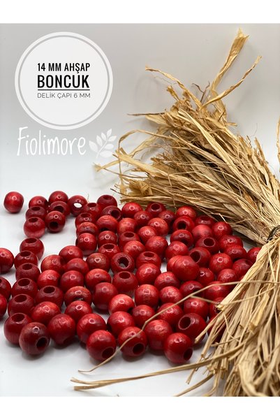 Fiolimore 14 mm Kırmızı Ahşap Boncuk (50 Gr 47 Adet)Geniş Delik Çapı 6 mm Mak...
