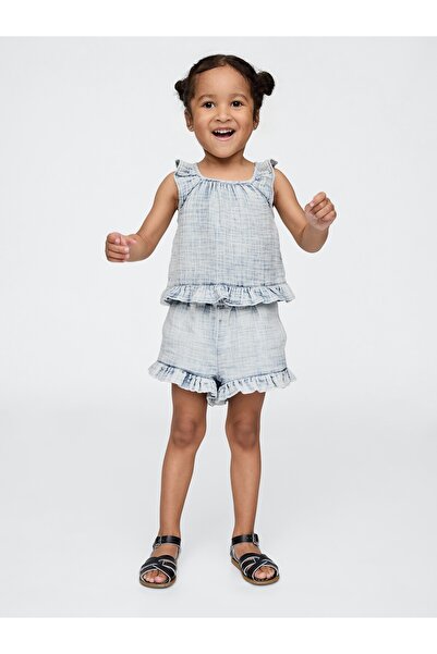 GAP Kız Bebek Mavi Crinkle Gauze Denim Ruffle Outfit Set