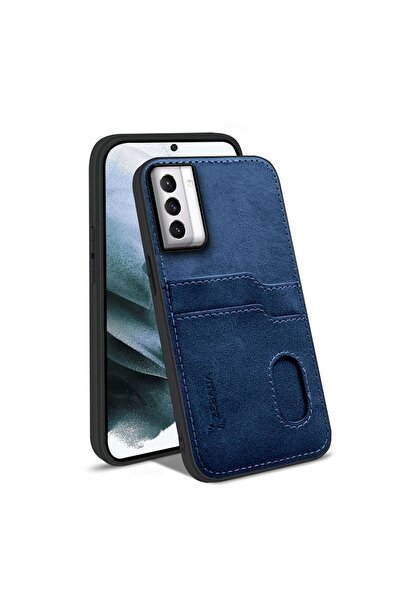 Zebana Samsung Galaxy S21 FE 5G Uyumlu Kılıf Kartlıklı Lüx Deri Kılıf Lacivert