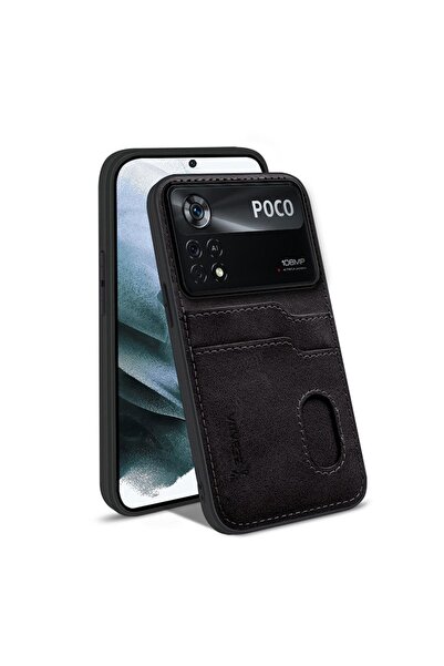 Zebana Xiaomi Poco X4 Pro 5G Uyumlu Kılıf Kartlıklı Lüx Deri Kılıf Siyah