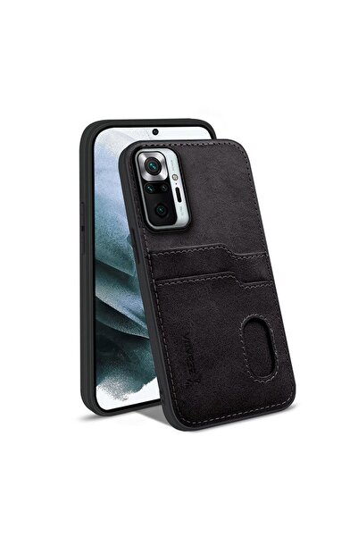 Zebana Xiaomi Redmi Note 10S Uyumlu Kılıf Kartlıklı Lüx Deri Kılıf Siyah