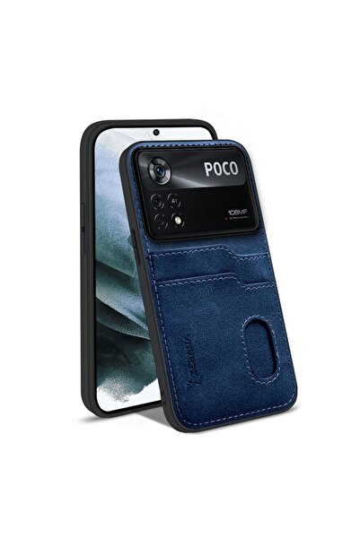 Zebana Xiaomi Poco X4 Pro 5G Uyumlu Kılıf Kartlıklı Lüx Deri Kılıf Lacivert