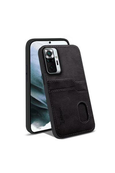 Zebana Xiaomi Redmi Note 10 Pro Max Uyumlu Kılıf Kartlıklı Lüx Deri Kılıf Siyah