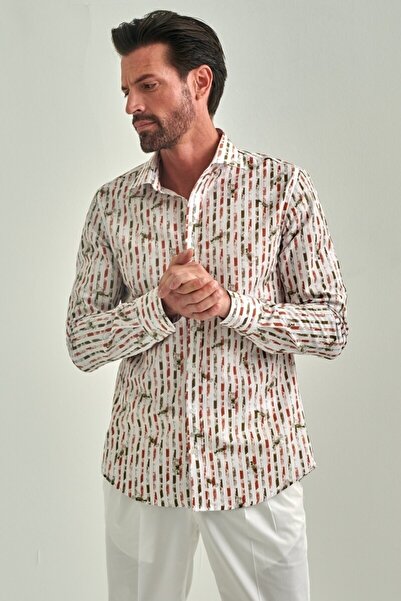 Bisse Men's Brown Patterned Slim Fit Cotton Sports Shirt