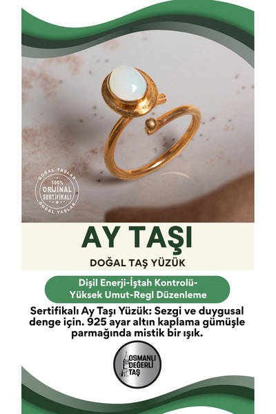OSMANLI DEĞERLİ TAŞ SERTİFİKALI Ay Taşı Doğal Taş 925 Ayar Gümüş Altın Kaplama Yüzük