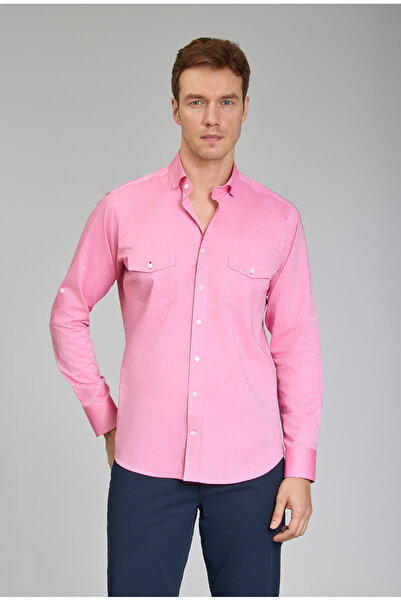 Bisse Regular Fit Yaka Düğmeli Pembe Pamuk Erkek Gömlek