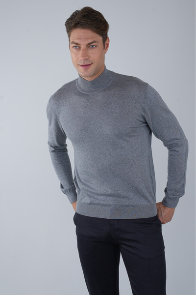 Bisse Men's Wool Basic Half Turtleneck Knitwear Gray Melange