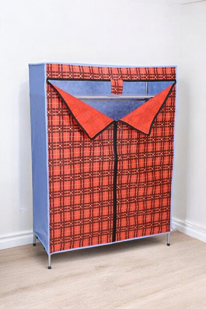 İronika Kalın Metal Borulu İskeletli Bez Gardrop Portatif Demonte Elbise Dolabı Bez Dolap Kırmızı