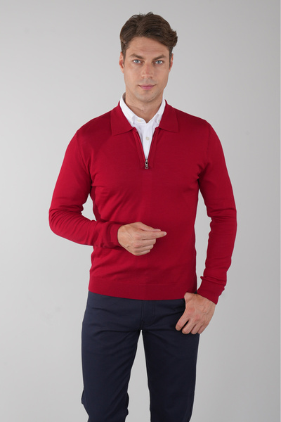 Bisse Polo Collar Zipper Detail Red Men's Wool Knitwear