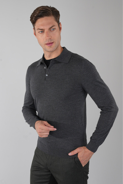 Bisse Anthracite Buttoned Polo Neck Men's Wool Knitwear
