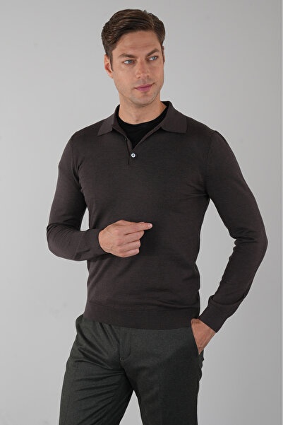 Bisse Kahve Düğmeli Polo Yaka Erkek Yün Triko