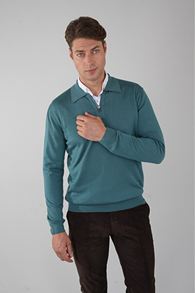 Bisse Polo Yaka Fermuar Detaylı Mint Erkek Yün Triko