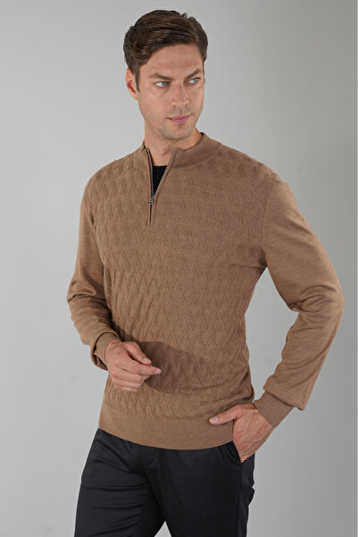 Bisse Camel Yarım Balıkçı Yaka Fermuar Detaylı Jakarlı Erkek Triko