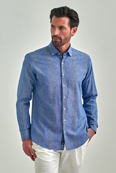 Bisse Regular Fit Mavi Uzun Kollu Paşa Yaka Spor Erkek Gömlek