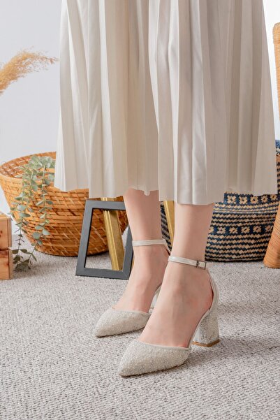 Egepass "Luan Pearl Stone Ankle Strap Cream Heeled Shoes"
