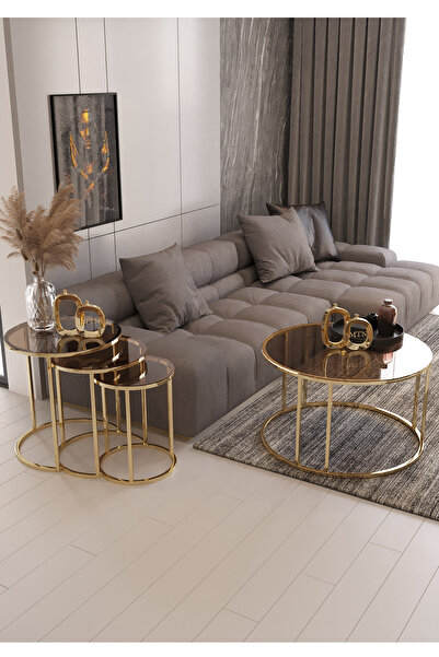 Nies Aksesuar ARMONİ 4'LÜ C ZİGON VE ORTA SEHPA GOLD KAPLAMA BRONZ CAM