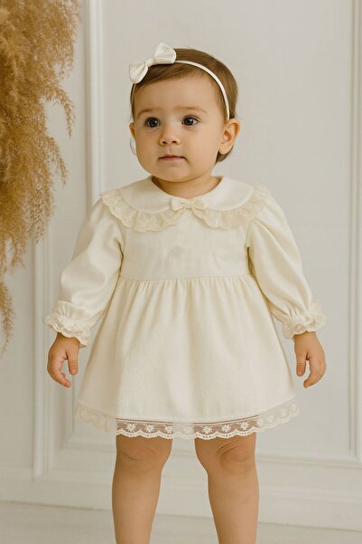 Hobidik Σετ Φόρεμα Baby Girl Cream Guipure Lace Satin