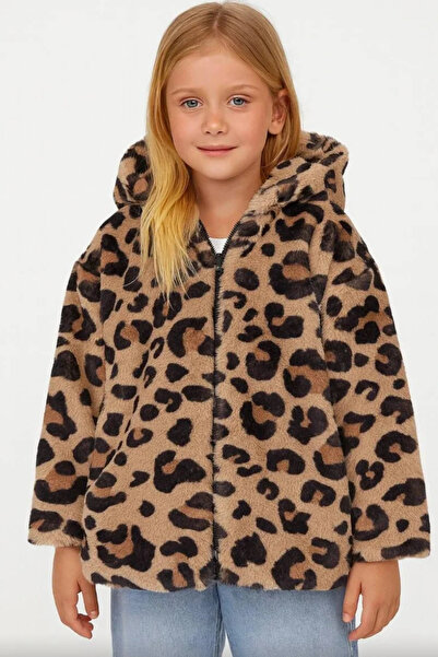 Kidmark Çocuk Modası Kız Çocuk Leopar Desenli Kapüşonlu Peluş Kürk Ceket