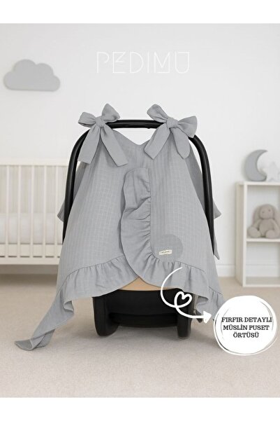 Pedimu Müslin Gri Renk Fırfır Detaylı Puset Örtüsü