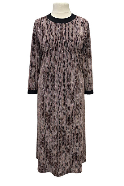 Giyinen Mağazaları Pudra Hasret Yuvarlak Yaka Havyar Baskı Şık Taş İşlemeli Anne Abiye Elbise