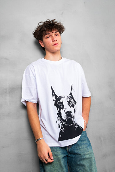 Sekizbiraltı تي شيرت أبيض كبير الحجم مطبوع عليه دوبيرمان أسود للجنسين