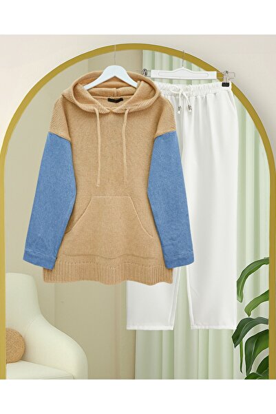 Modamorfo Hooded Sleeve Denim Detailed Kangaroo Pocket Knitwear Sweat -Mink