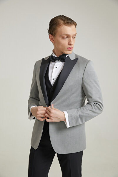 D'S Damat Ds Damat Slim Fit Gri Armürlü Damatlık & Smokin Yelekli Takim Elbise