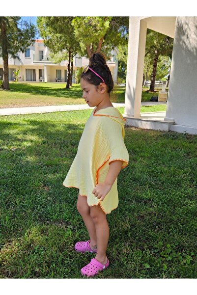 Mia Mina Home Baby 4 Layer Muslin Hooded Shepherd Stitched Children's Poncho Yellow Color