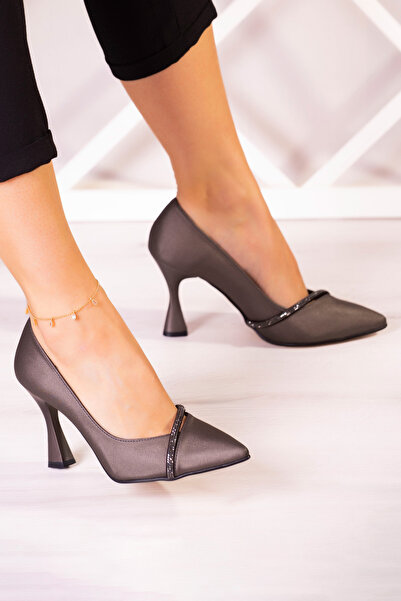 Erkan Saçmacı Roland Antracit Satin Stone Pantofi de seară cu toc subțire cu vârf ascuțit