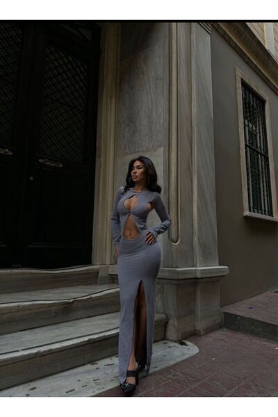 voilaromania Rochie dama lunga, crepata pe picior, maneci lungi si cu deschizatura frontala