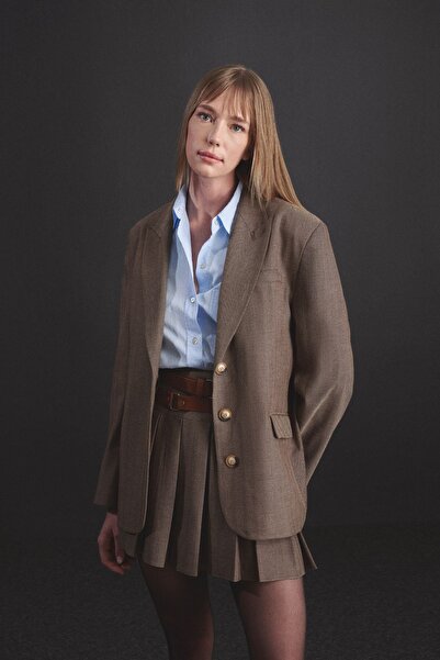 Mathilda Store Γυναικείο καφέ μπλέιζερ με διπλό γιακά με μισό επένδυση, περιορισμένης έκδοσης, oversize παλτό με κουμπιά μπροστά, κομψό