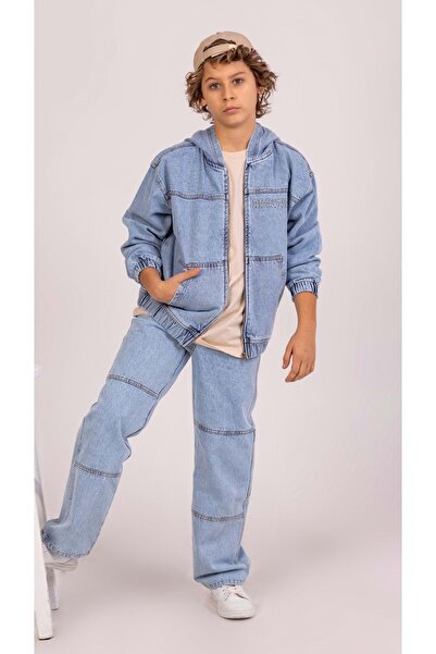 wakawakakidsstore Jachetă de blugi pentru băieți, cu buzunar cangur, cu glugă, broderie în față și în spate