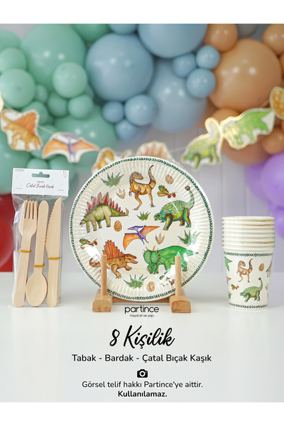 partince 8 Kişilik Dinozor Tema Kullan At Karton Tabak Bardak Çatal Kaşık Bıç...