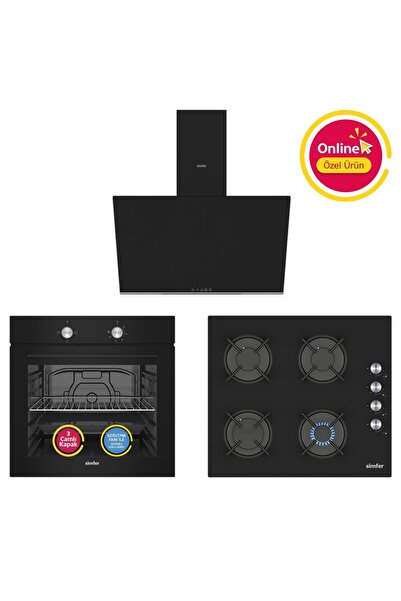 Simfer 4 Fonksiyon Trend Siyah Cam 3'lü Ankastre Set ( Fırın + Ocak + Davlumbaz)
