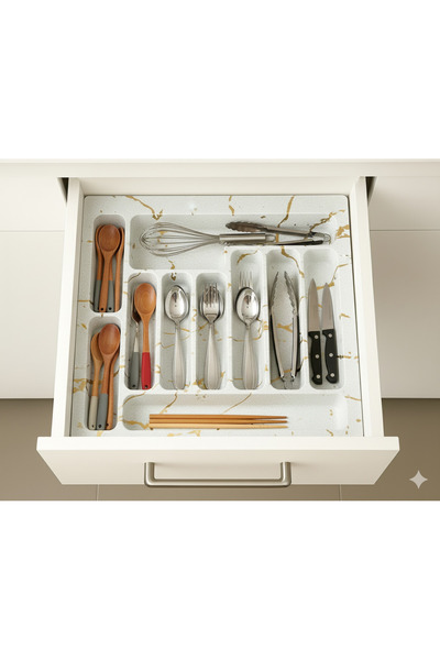 GörSeç White Organizer - 55 cm Spoon Holder, Ladle and Cuttable Hard Plastic with Gold Detail