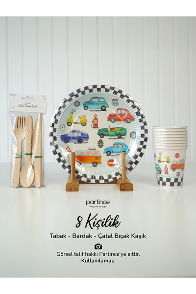partince 8 Kişilik Klasik Araba Kullan At Karton Tabak Bardak Çatal Kaşık Bıçak Araba Parti Seti