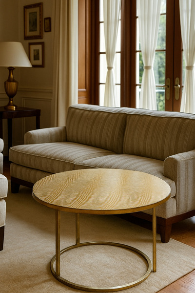 Rona Home Çeyizlik Gold Yuvarlak Orta Sehpa Örtüsü – Paralel Çizgili, Dantelli, PVC