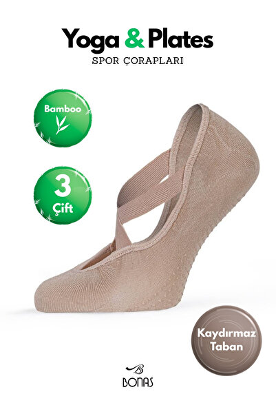Bonas Kadın Bamboo Kaydırmaz Pilates Çorabı - ABS Tabanlı Ten Rengi Yoga & Fi...
