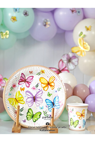 partince 8 Kişilik Pastel Kelebek Çiçek Tema Kullan At Karton Tabak Bardak Ça...