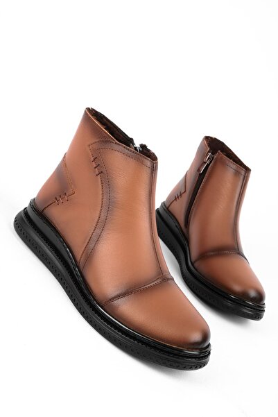 Lal Shoes & Bags Eolo Kadın Hakiki Deri Dikiş Detaylı Fermuarlı Bot-Taba