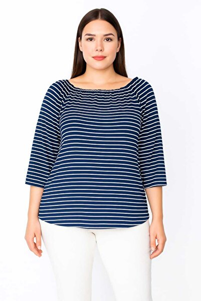 Şans Γυναικείο μεγάλου μεγέθους Navy ριγέ τουνίκ με ελαστικό γιακά και λεπτομέρεια συλλογής στα μανίκια 65n29608