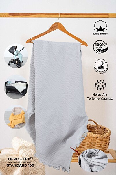Huggy Gray Multi-Purpose 100% Cotton Muslin Baby Blanket 100X130 – 4 Layer Cotton Cover / Swaddle