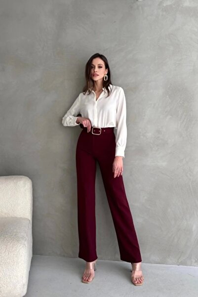 Silerra Women's High Waist Crepe Fabric Full Lycra Flared Leg Pants with Belt Included