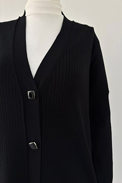 Ka Hijab Button Ribbed Mercerized Cardigan - Black
