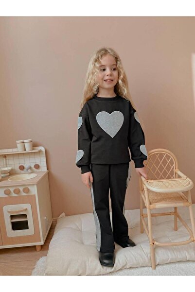 RAPAPA Καρδιά Κεντημένο Glitter Κοριτσίστικο Σετ Μπλουζάκι 2570 ΜΑΥΡΟ