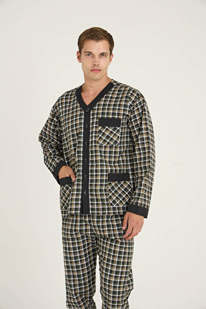 KLY Ανδρικό σετ πιτζάμες με πράσινο λαιμόκοψη και κουμπιά στο πάτο