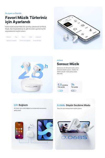 QCY Melobuds N30 Adaptif ANC Bluetooth Kulaklık 4 Mikrofon Çift Cihaz Desteği IPX4