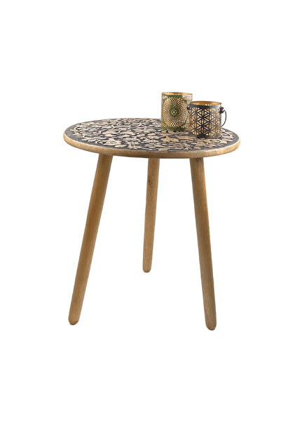 Souq DESIGNS Side Table Wooden Accent Round 3 Legs, Hand-Carved for Living Room, Bedroom-50 cms